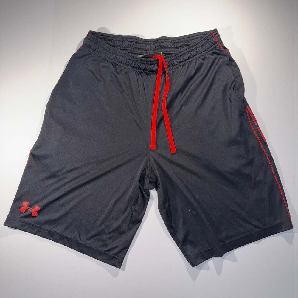 Under Armour Loose Fit Black and Red Athletic Shorts with Side Logo